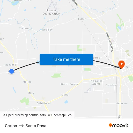 Graton to Santa Rosa map