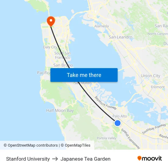 Stanford University to Japanese Tea Garden map