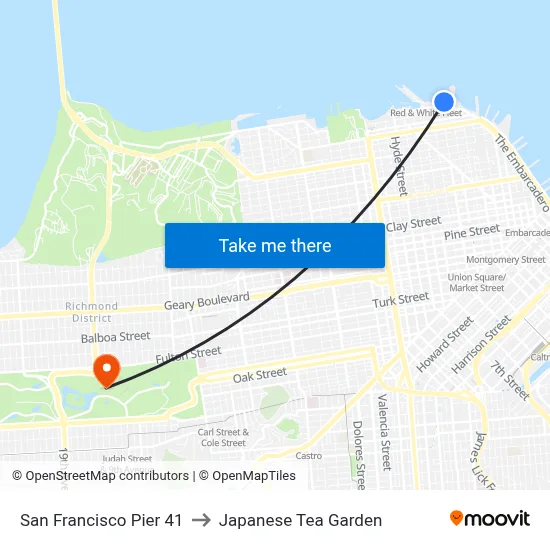 San Francisco Pier 41 to Japanese Tea Garden map