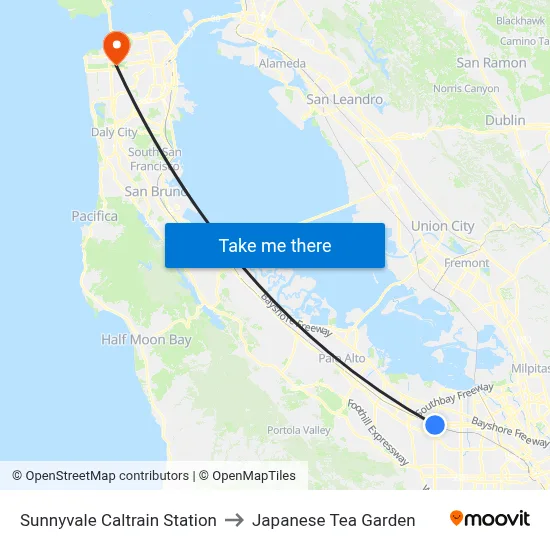 Sunnyvale Caltrain Station to Japanese Tea Garden map