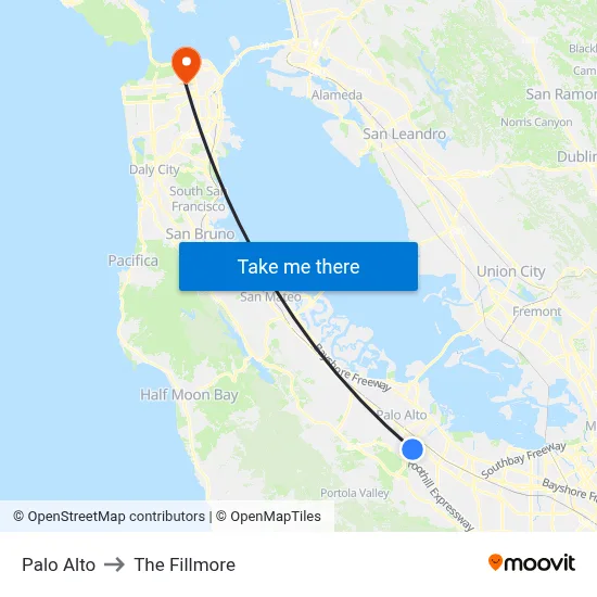 Palo Alto to The Fillmore map
