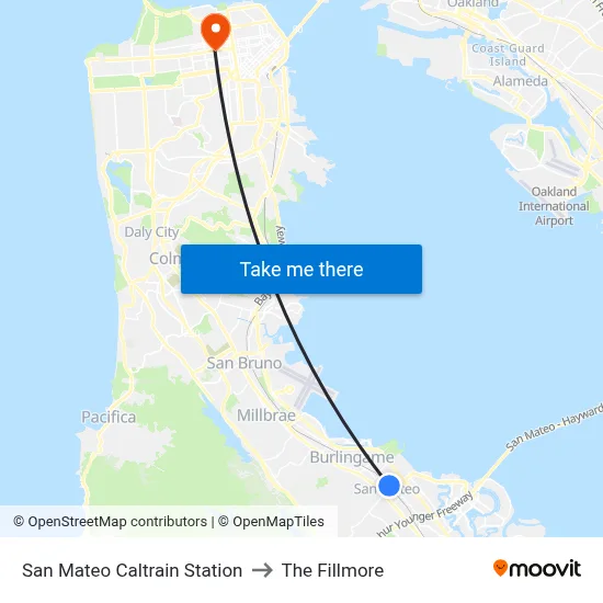 San Mateo Caltrain Station to The Fillmore map