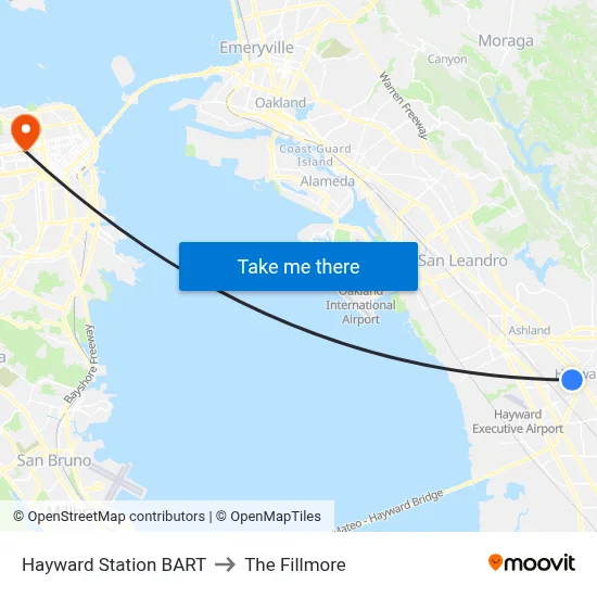 Hayward Station BART to The Fillmore map