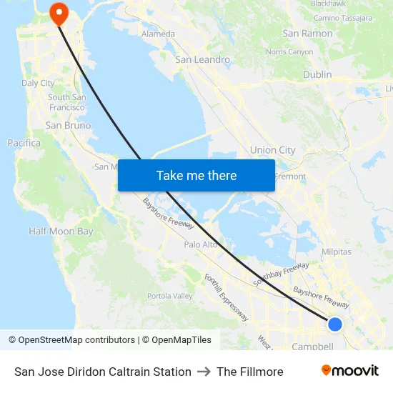 San Jose Diridon Caltrain Station to The Fillmore map