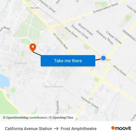 California Avenue Station to Frost Amphitheatre map