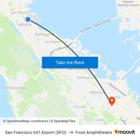 San Francisco Int'l Airport (SFO) to Frost Amphitheatre map