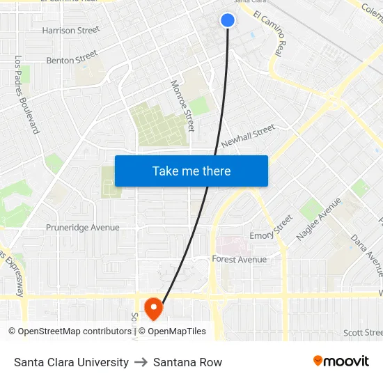 Santa Clara University to Santana Row map