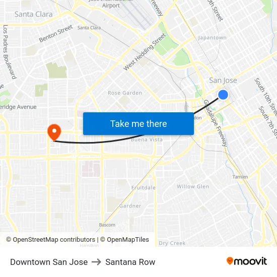 Downtown San Jose to Santana Row map