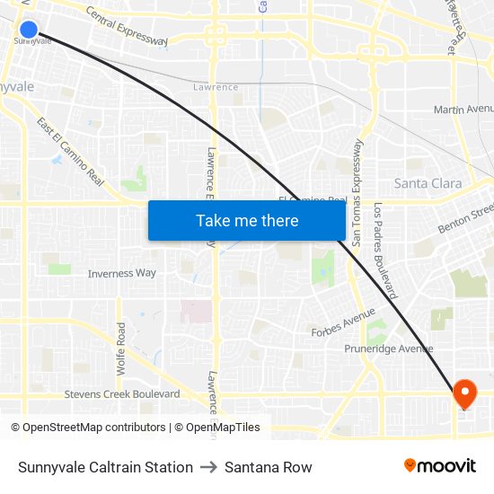 Sunnyvale Caltrain Station to Santana Row map