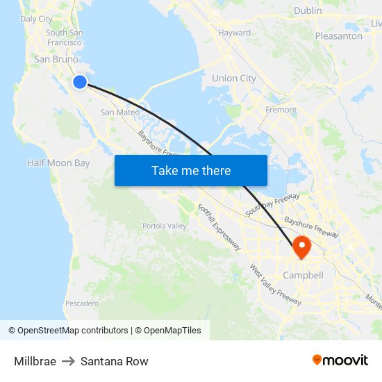 Millbrae to Santana Row map