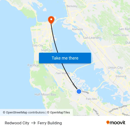 Redwood City to Ferry Building map