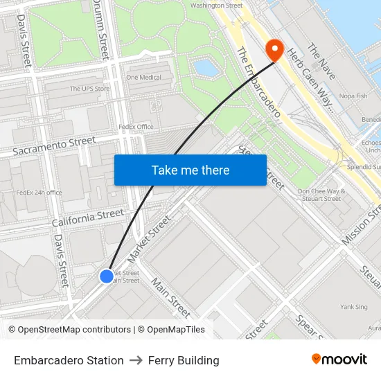 Embarcadero Station to Ferry Building map