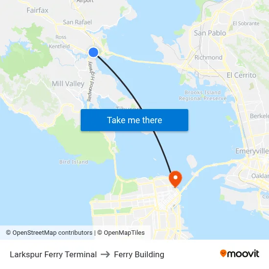 Larkspur Ferry Terminal to Ferry Building map