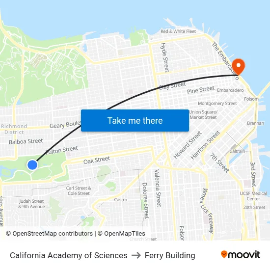 California Academy of Sciences to Ferry Building map
