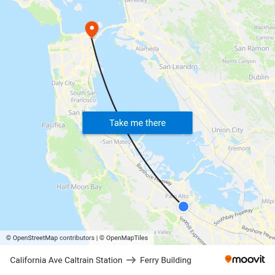 California Ave Caltrain Station to Ferry Building map