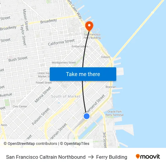 San Francisco Caltrain Northbound to Ferry Building map