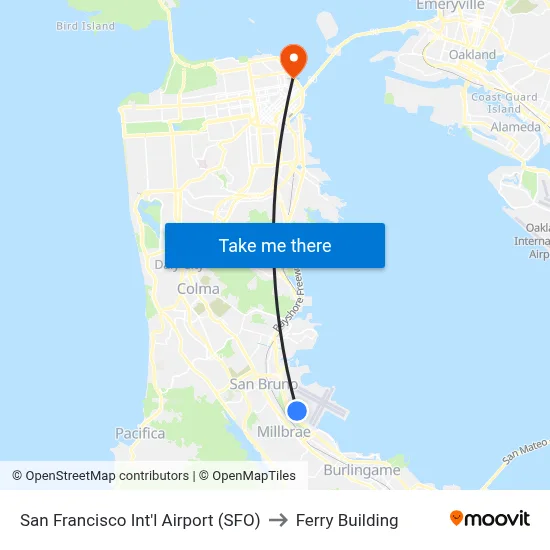 San Francisco Int'l Airport (SFO) to Ferry Building map