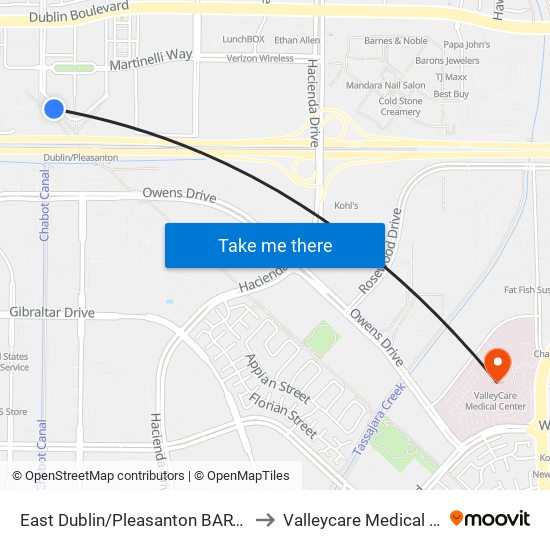 East Dublin/Pleasanton BART Station to Valleycare Medical Center map