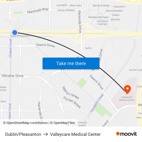 Dublin/Pleasanton to Valleycare Medical Center map