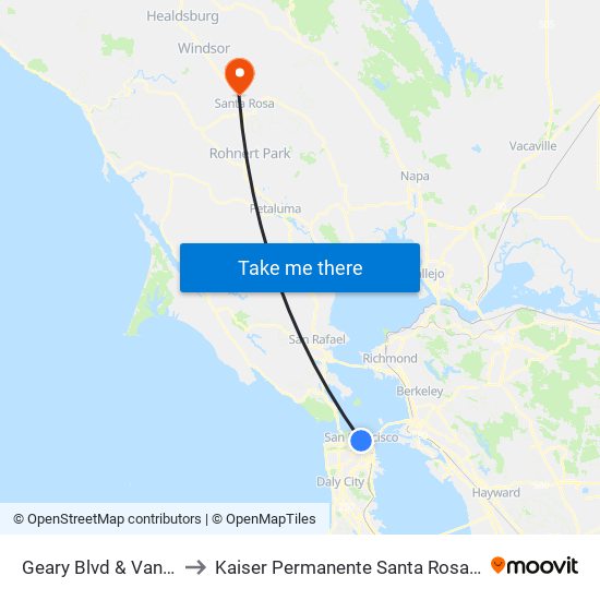 Geary Blvd & Van Ness Ave to Kaiser Permanente Santa Rosa Medical Center map