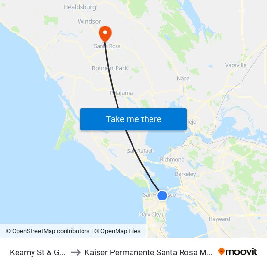 Kearny St & Geary St to Kaiser Permanente Santa Rosa Medical Center map