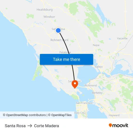Santa Rosa to Corte Madera map