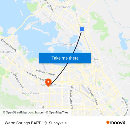 Warm Springs BART to Sunnyvale map