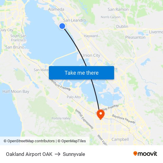 Oakland Airport OAK to Sunnyvale map