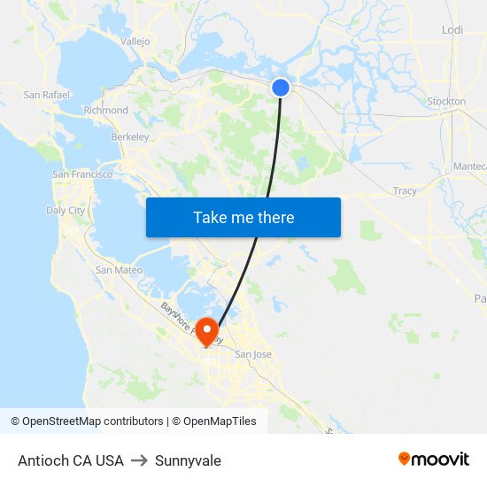 Antioch CA USA to Sunnyvale map