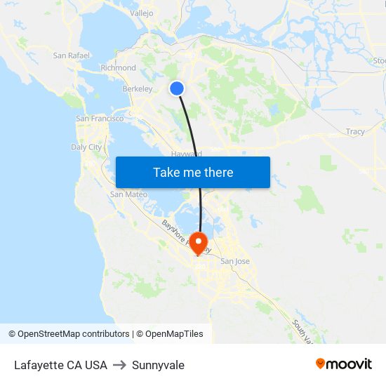 Lafayette CA USA to Sunnyvale map