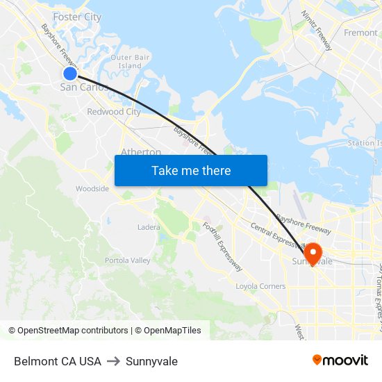 Belmont CA USA to Sunnyvale map