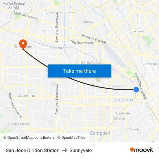 San Jose Diridon Station to Sunnyvale map