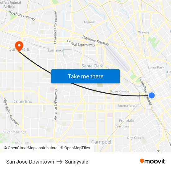 San Jose Downtown to Sunnyvale map