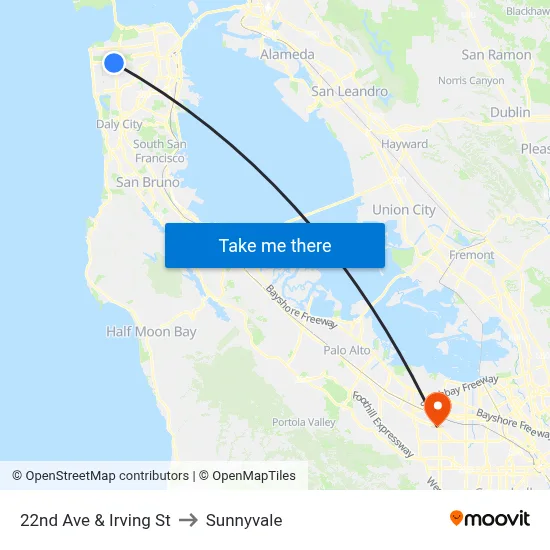 22nd Ave & Irving St to Sunnyvale map