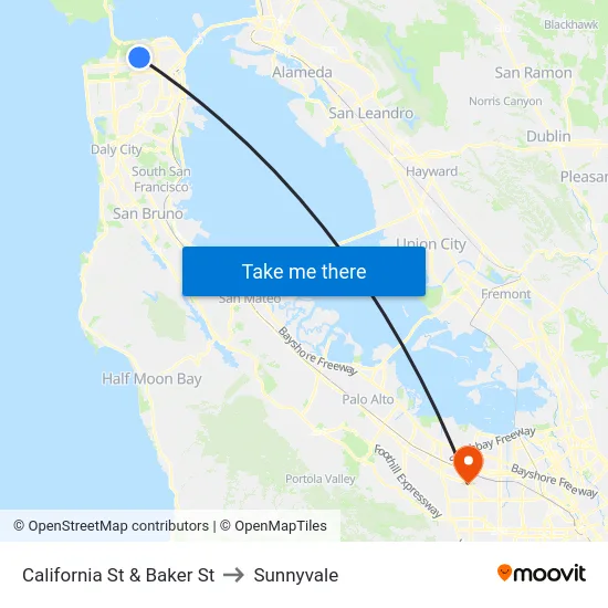 California St & Baker St to Sunnyvale map