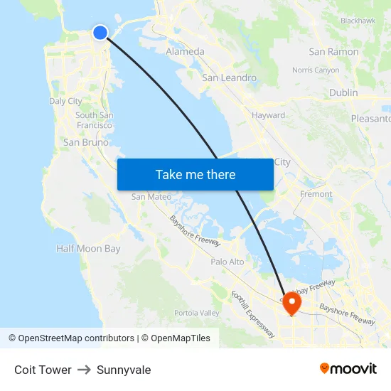Coit Tower to Sunnyvale map
