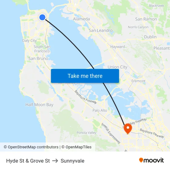 Hyde St & Grove St to Sunnyvale map