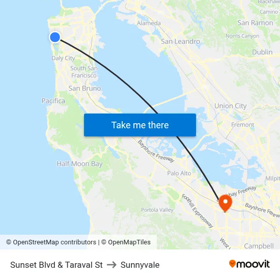 Sunset Blvd & Taraval St to Sunnyvale map