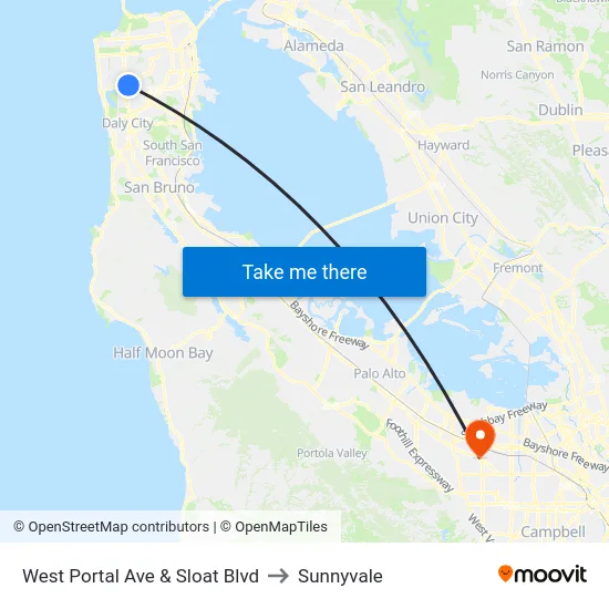 West Portal Ave & Sloat Blvd to Sunnyvale map