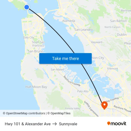 Hwy 101 & Alexander Ave to Sunnyvale map