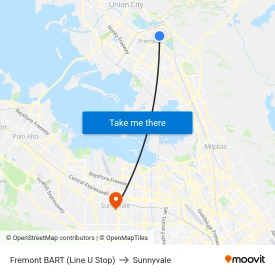 Fremont BART (Line U Stop) to Sunnyvale map