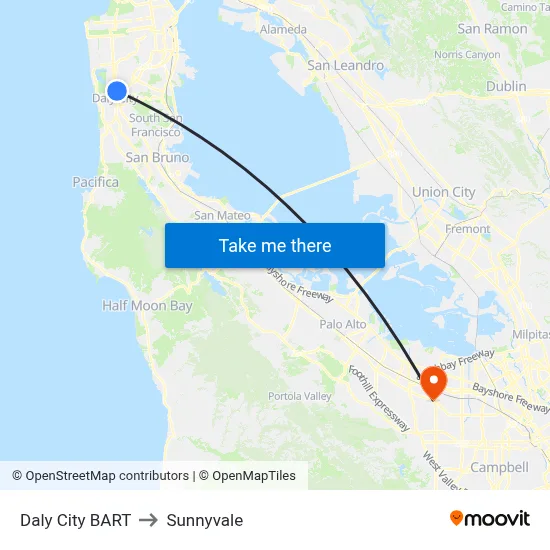 Daly City BART to Sunnyvale map
