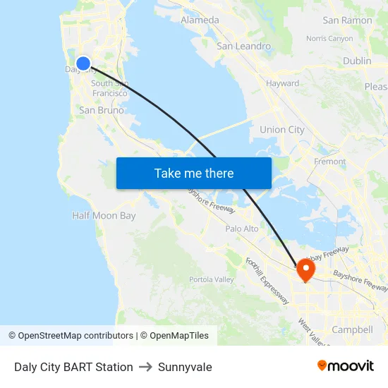 Daly City BART Station to Sunnyvale map