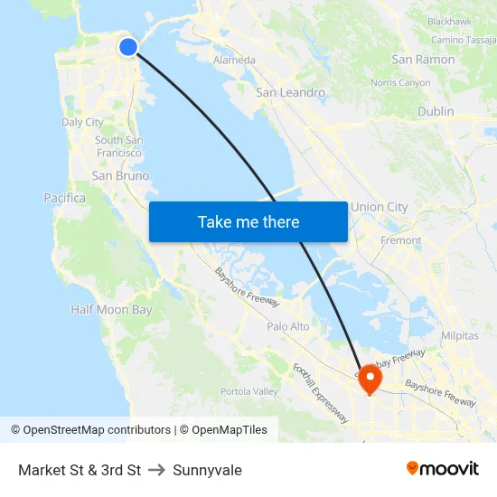 Market St & 3rd St to Sunnyvale map