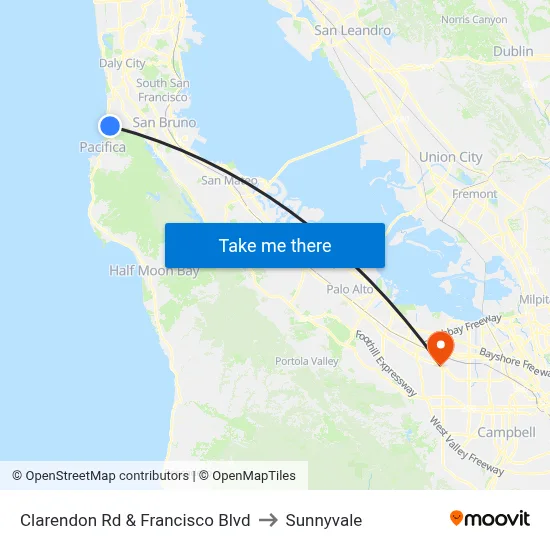 Clarendon Rd & Francisco Blvd to Sunnyvale map