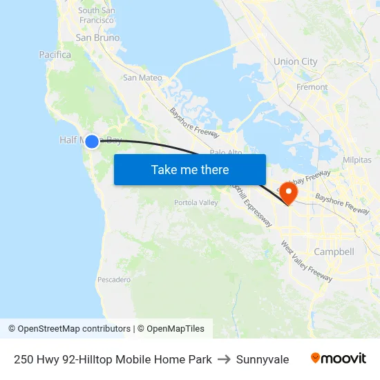 250 Hwy 92-Hilltop Mobile Home Park to Sunnyvale map
