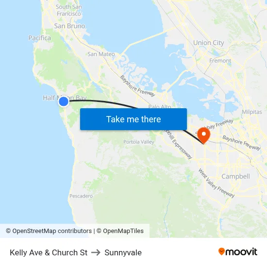 Kelly Ave & Church St to Sunnyvale map