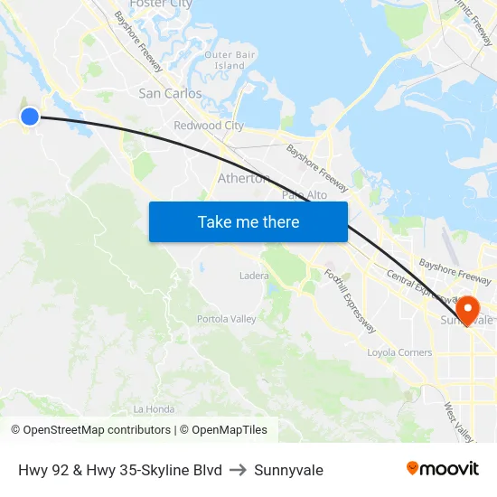Hwy 92 & Hwy 35-Skyline Blvd to Sunnyvale map