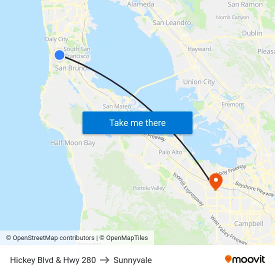 Hickey Blvd & Hwy 280 to Sunnyvale map