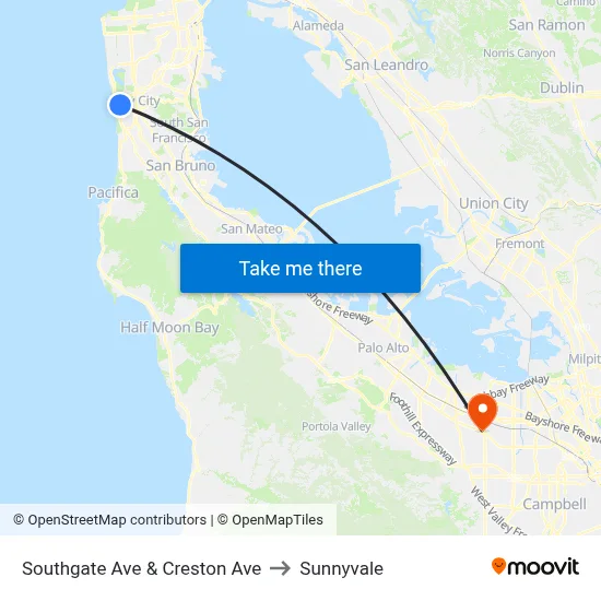 Southgate Ave & Creston Ave to Sunnyvale map